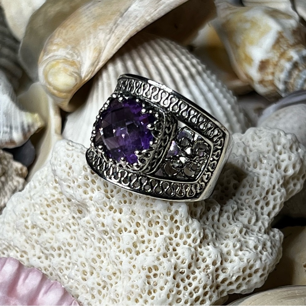 Ottoman Sterling Silver 3.5ct Amethyst Filigree Ring size 10
